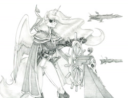 Size: 1400x1076 | Tagged: safe, artist:baron engel, philomena, princess celestia, alicorn, phoenix, anthro, unguligrade anthro, g4, boots, cape, captain harlock, clothes, eyepatch, female, mare, monochrome, pants, pencil drawing, ship's wheel, shoes, spaceship, sword, traditional art, weapon