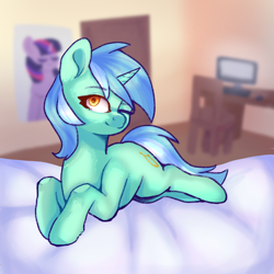 Size: 1280x1280 | Tagged: artist needed, source needed, safe, lyra heartstrings, twilight sparkle, pony, unicorn, g4, bed, female, horn, indoors, lidded eyes, looking at you, lying down, mare, on bed, one eye closed, prone, solo, vector, wink, winking at you