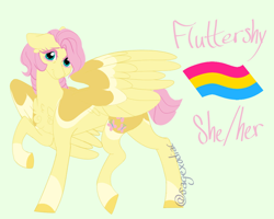 Size: 1000x800 | Tagged: safe, artist:satyrsong99, part of a set, fluttershy, pegasus, pony, g4, 2024, alternate design, alternate hairstyle, anatomically incorrect, bio in description, chest fluff, coat markings, colored, colored eyebrows, colored eyelashes, colored hooves, colored lineart, countershading, ear fluff, eyelashes, female, flat colors, frown, green background, hooves, incorrect leg anatomy, looking at you, mare, pansexual, pansexual pride flag, partially open wings, pink eyebrows, pink eyelashes, pride, pride flag, raised hoof, raised leg, short tail, signature, simple background, smiling, smiling at you, socks (coat markings), solo, standing, standing on two hooves, tail, three quarter view, watermark, wing markings, wings, yellow hooves