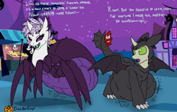 Size: 3000x1899 | Tagged: safe, artist:copycat, artist:theandymac, oc, oc:copycat, oc:elytra, changedling, changeling, monster pony, original species, spiderpony, changedling oc, changeling oc, clothes, costume, how to train your dragon, nightmare night, outdoors, shapeshifting, toothless the dragon, vore