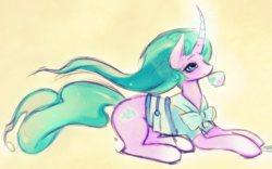 Size: 1393x869 | Tagged: safe, artist:lexette7, mistmane, pony, unicorn, g4, cup, curved horn, female, flowing mane, flowing tail, glowing, glowing horn, horn, magic, magic aura, mare, simple background, sipping, tail, teacup, young mistmane