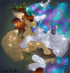 Size: 2548x2648 | Tagged: safe, princess celestia, oc, oc:king mirael, deer, deer pony, eikerren, original species, peryton, g4, female, loincloth, male, sleeping, tribal