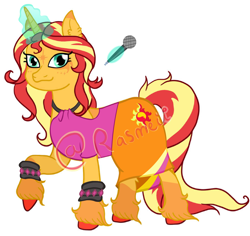 Size: 2088x1968 | Tagged: safe, artist:darktailsko, artist:ponyrasmeii, edit, sunset shimmer, pony, unicorn, rainbow rocks 10th anniversary, equestria girls, g4, my little pony equestria girls: rainbow rocks, clothes, collaboration, cute, ear fluff, female, glowing, glowing horn, horn, magic, mare, markings, microphone, raised hoof, redesign, shimmerbetes, simple background, skirt, solo, spiked wristband, tank top, unshorn fetlocks, watermark, white background, wristband