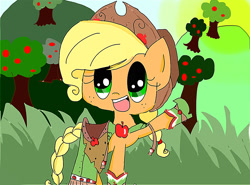 Size: 1280x948 | Tagged: safe, artist:derpy-pie, applejack, earth pony, pony, g4, apple, apple tree, applejack's hat, clothes, cowboy hat, dress, female, food, gala dress, hat, mare, solo, sun, tree