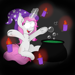 Size: 2000x2000 | Tagged: safe, artist:zeccy, oc, oc only, unicorn, candle, cauldron, glowing, glowing eyes, hat, horn, solo