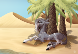 Size: 5149x3561 | Tagged: safe, artist:sadatrix, oc, oc only, oc:seriara, earth pony, pony, absurd resolution, female, fluffy, lying down, mare, outdoors, palm tree, prone, solo, thin, tree