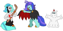 Size: 3063x1503 | Tagged: safe, artist:supahdonarudo, oc, oc only, oc:icebeak, oc:ironyoshi, oc:sea lilly, classical hippogriff, ghost, hippogriff, undead, unicorn, vampire, bipedal, cape, clothes, costume, fangs, ghost costume, halloween, halloween costume, hockey mask, hockey stick, holiday, horn, jersey, mask, simple background, sitting, transparent background, vampire costume