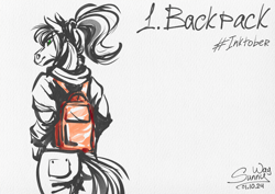 Size: 1600x1130 | Tagged: safe, artist:sunny way, oc, oc only, oc:sunny way, horse, anthro, anthro horse, backpack, digital art, female, furry, inktober, inktober 2024, mare, sketch, solo