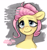 Size: 3000x3212 | Tagged: safe, artist:bloodymrr, fluttershy, pegasus, pony, g4, alternate hairstyle, alternate universe, bags under eyes, blushing, bust, female, gray background, hair bun, head tilt, high res, looking at you, mare, portrait, simple background, sketch, smiling, solo, text