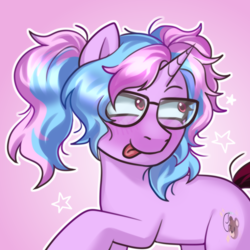 Size: 2000x2000 | Tagged: safe, artist:zigmeow, oc, oc only, pony, unicorn, cute, female, glasses, gradient background, high res, horn, mare, pigtails, solo, tongue out