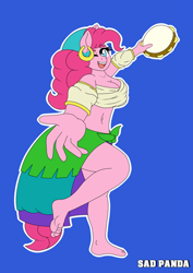 Size: 2893x4092 | Tagged: safe, artist:sadpanda1268, pinkie pie, earth pony, anthro, plantigrade anthro, g4, barefoot, breasts, busty pinkie pie, feet, gypsy pie, looking at you, musical instrument, one eye closed, open mouth, open smile, romani, smiling, solo, tambourine, wink, winking at you