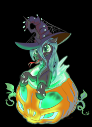 Size: 3360x4640 | Tagged: safe, artist:lytlethelemur, queen chrysalis, changeling, changeling queen, g4, black background, cute, cutealis, female, fire, forked tongue, green fire, halloween, hat, high res, holiday, jack-o-lantern, pumpkin, simple background, solo, spider web, witch hat