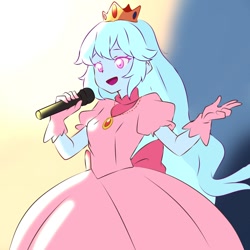 Size: 1222x1222 | Tagged: safe, artist:strugetdraw, oc, oc only, oc:jemimasparkle, human, equestria girls, g4, clothes, crown, cute, dress, female, gloves, gown, jewelry, microphone, ocbetes, open mouth, open smile, princess peach, regalia, singing, smiling, solo, super mario bros.