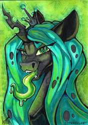 Size: 3456x4912 | Tagged: safe, artist:stirren, queen chrysalis, changeling, changeling queen, g4, bust, crown, jewelry, long hair, long mane, portrait, regalia, scan, tongue out, traditional art