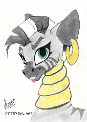 Size: 3496x4888 | Tagged: safe, artist:stirren, zecora, zebra, g4, bust, portrait, scan, solo, tongue out, traditional art