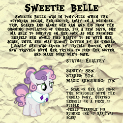 Size: 2048x2048 | Tagged: safe, artist:3ggmilky, part of a set, sweetie belle, pony, unicorn, g4, alternate hairstyle, base used, clothes, eyelashes, female, frown, grammar error, hair tie, high res, horn, implied rarity, implied trouble shoes, infection au, leg scar, lidded eyes, pigtails, scar, scarf, scrapes, solo, stats, tail, tail tie, textured background, three quarter view, tied mane, tied tail, unicorn horn