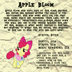 Size: 2048x2048 | Tagged: safe, artist:3ggmilky, part of a set, apple bloom, earth pony, pony, g4, alternate hairstyle, apple bloom's bow, bandage, bandaged leg, base used, bow, brooch, clothes, eyelashes, female, frown, goldie delicious' shawl, hair bow, high res, implied applejack, implied big macintosh, implied goldie delicious, infection au, jewelry, leg scar, looking back, misspelling, raised hoof, scar, scared, shawl, solo, standing on three hooves, stats, textured background, this will end in death, torn clothes