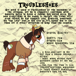 Size: 2048x2048 | Tagged: safe, artist:3ggmilky, part of a set, trouble shoes, earth pony, pony, g4, bags under eyes, bandage, bandaged leg, base used, blaze (coat marking), blood, clothes, coat markings, collared shirt, colored hooves, facial hair, facial markings, facial scar, frown, hat, high res, hooves, implied rarity, implied sweetie belle, infection au, leg scar, looking down, male, profile, rolled up sleeves, scar, shirt, solo, stallion, standing, stats, text, textured background, unshorn fetlocks, white hooves