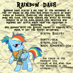 Size: 2048x2048 | Tagged: safe, artist:3ggmilky, part of a set, rainbow dash, pegasus, pony, g4, alternate hairstyle, alternate tailstyle, bandage, bandaged leg, base used, bomber jacket, clothes, cut tail, female, folded wings, frown, high res, infection au, jacket, mare, narrowed eyes, ponytail, raised hoof, scar, scrapes, solo, standing on three hooves, stats, tail, text, textured background, three quarter view, tied mane, torn ear, turned head, turtleneck, wing scar, wings