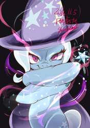 Size: 1453x2060 | Tagged: safe, artist:grimbloody, trixie, pony, unicorn, g4, bipedal, cape, clothes, female, hat, horn, looking at you, magic, magic aura, magic wand, mare, simple background, smiling, solo, trixie's cape, trixie's hat