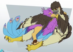 Size: 1100x779 | Tagged: safe, artist:arctic-fox, oc, oc:gyro feather, oc:gyro tech, oc:lief woodcock, bird, griffon, birdified, furry, furry oc, griffonized, species swap