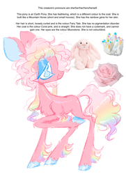 Size: 1016x1407 | Tagged: safe, artist:peaceandlove26, oc, oc only, oc:rosey posey, earth pony, pony, 2021, bangs, big ears, big eyes, big head, blank flank, blue eyes, blue eyeshadow, blue hooves, chest fluff, colored fetlocks, colored hooves, colored pinnae, colored sketch, crystal, ear fluff, earth pony oc, eyeshadow, female, female oc, flower, gradient mane, gradient tail, hooves, long legs, long mane, long tail, makeup, mare, mare oc, multicolored hair, multicolored mane, no catchlights, oc generator, old art, open mouth, open smile, pink coat, pink mane, pink tail, plushie, profile, rainbow hair, rainbow skin, rainbow tail, raised hoof, rose, shiny hooves, sidebangs, simple background, sketch, smiling, solo, standing on three hooves, tail, text, thin legs, underhoof, wavy mane, wavy tail, white background