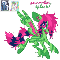 Size: 1500x1500 | Tagged: safe, artist:peaceandlove26, blossomforth, derpy hooves, double diamond, night glider, party favor, sunshower raindrops, oc, oc only, oc:sourmelon splash, pegasus, pony, g4, 2021, big ears, big eyes, blank flank, chest fluff, coat markings, colored ear fluff, colored pinnae, coontails, crack ship offspring, crack shipping, eye clipping through hair, eye markings, facial markings, green coat, leg stripes, long mane, long tail, looking back, magical lesbian spawn, offspring, old art, parent:blossomforth, parent:night glider, parents:gliderforth, pegasus oc, pink eyes, pink mane, pink tail, profile, scene, scene hair, screencap background, shipping, siling, simple background, socks (coat markings), solo, spread wings, striped, stripes, tail, thick eyelashes, three toned mane, three toned tail, three toned wings, transparent background, unshorn fetlocks, wing stripes, wings