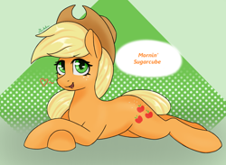 Size: 2028x1484 | Tagged: safe, artist:marbatra, applejack, earth pony, pony, g4, butt freckles, cute, female, freckles, good morning, hat, heart, jackabetes, looking at you, lying down, mare, prone, simple background, sugarcube, talking to viewer