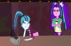 Size: 845x544 | Tagged: safe, artist:the spectres, derpibooru exclusive, aria blaze, sonata dusk, human, rainbow rocks 10th anniversary, equestria girls, g4, crossed arms, disguise, disguised siren, duo, duo female, female, food, jewelry, leaning on table, looking at each other, looking at someone, pendant, smiling, smiling at each other, sonataco, taco, taco tuesday, that siren sure does love tacos, toaster