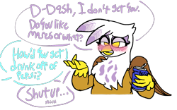 Size: 1032x642 | Tagged: safe, artist:feenadot, gilda, griffon, pegasus, pony, g4, alcohol, bepis, blush lines, blushing, cross-eyed, dialogue, drink, drunk, drunk gilda, female, hiccup, implied lesbian, implied rainbow dash, looking at someone, looking offscreen, pepsi, simple background, soda, soda can, transparent background, wings