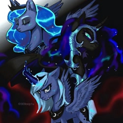 Size: 1080x1080 | Tagged: safe, artist:009oop1u, nightmare moon, princess luna, alicorn, pony, g4, bat wings, crying, curved horn, ethereal mane, eyes closed, female, helmet, horn, jewelry, mare, peytral, regalia, s1 luna, self paradox, self ponidox, slit pupils, spread wings, triality, trio, wings