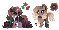 Size: 1280x665 | Tagged: safe, artist:afterglory, oc, oc only, pony, unicorn, adoptable, adoptable open, alternate versions at source, auction open, base used, boots, bow, bracelet, brooch, brown coat, brown eyeshadow, brown mane, brown tail, clothes, colored pupils, dress, duo, duo female, eyeshadow, facing you, female, female oc, flower, flower in hair, gradient mane, gradient tail, green bow, green eyes, green pupils, hair accessory, hair bow, hoof boots, hoof polish, horn, horn jewelry, horn ring, jewelry, long mane, long tail, looking away, looking down, makeup, mane accessory, mare, mare oc, neckerchief, raised hoof, red eyes, red hooves, red pupils, ring, scarf, shiny hooves, shoes, simple background, smiling, sparkly eyeshadow, sparkly mane, sparkly tail, standing on three hooves, striped mane, striped tail, tail, thick eyelashes, three quarter view, transparent background, unicorn horn, unshorn fetlocks, wall of tags, wristband