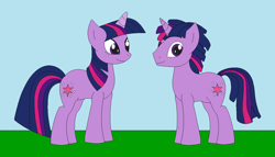 Size: 1246x713 | Tagged: safe, artist:marybethemberjoy49-1, twilight sparkle, pony, unicorn, g4, duo, dusk shine, female, horn, male, outdoors, r63 paradox, rule 63, unicorn twilight