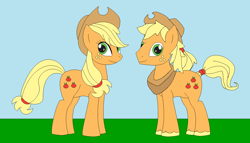 Size: 1246x713 | Tagged: safe, artist:marybethemberjoy49-1, applejack, earth pony, pony, g4, applejack (male), applejack's hat, cowboy hat, duo, female, hat, male, outdoors, r63 paradox, rule 63