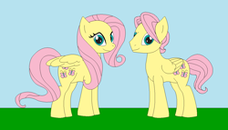 Size: 1246x713 | Tagged: safe, artist:marybethemberjoy49-1, fluttershy, pegasus, pony, g4, butterscotch, duo, female, outdoors, r63 paradox, rule 63