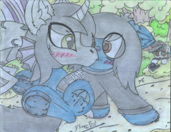 Size: 2202x1700 | Tagged: safe, artist:fliegerfausttop47, oc, oc only, oc:lightning dee, pegasus, pony, siren, undead, zombie, zombie pony, rainbow rocks 10th anniversary, adorable face, black mane, blue coat, blushing, brown eyes, bush, camera, cheek fluff, clothes, colored sclera, complex background, cute, description is relevant, dirt road, dirty, ear fluff, embarrassed, excited, fluffy, gift art, gray coat, green eyes, happy, hiding, hiding in bushes, hoodie, hoof fluff, kellin quinn, kiss on the lips, kissing, leaves, leg fluff, looking at each other, looking at someone, ocbetes, oliver sykes, pencil drawing, rock, shipping, siren oc, spiked wristband, spying, story included, surprise kiss, traditional art, wristband, yellow eyes, yellow sclera