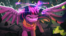 Size: 4000x2200 | Tagged: safe, artist:vanillaghosties, twilight sparkle, alicorn, demon, demon pony, pony, g4, bruised, clothes, coronation dress, dress, female, fire, floppy ears, glowing, glowing horn, green fire, high res, horn, looking at you, magic, magic aura, mare, open mouth, ripped dress, solo focus, spread wings, torn clothes, twilight sparkle (alicorn), wallpaper, windswept mane, wings