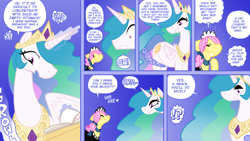 Size: 1600x900 | Tagged: safe, artist:shyguy9, part of a set, fluttershy, princess celestia, alicorn, pegasus, pony, comic:you've got the wrong pony, g4, blushing, clothes, comic, dialogue, exclamation point, eye clipping through hair, fluttermaid, hungry, imminent vore, interrobang, kitchen eyes, maid, question mark, stomach noise