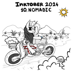 Size: 1000x1000 | Tagged: safe, artist:sunamoonmlp, derpibooru exclusive, oc, oc only, oc:sunamoon, alicorn, pony, g4, cute, desert, female, horn, inktober, inktober 2024, motorcycle, mountain, mountain range, solo, sun, wings