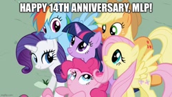 Size: 800x450 | Tagged: safe, edit, edited screencap, screencap, applejack, fluttershy, pinkie pie, rainbow dash, rarity, twilight sparkle, earth pony, pegasus, pony, unicorn, mlp fim's fourteenth anniversary, friendship is magic, g4, season 1, anniversary, caption, cute, dashabetes, diapinkes, female, horn, image macro, imgflip, jackabetes, mane six, mare, raribetes, shyabetes, smiling, text, twiabetes, unicorn twilight