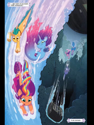 Size: 828x1104 | Tagged: safe, idw, official comic, hitch trailblazer, izzy moonbow, maris the crow, misty brightdawn, pipp petals, sunny starscout, zipp storm, seapony (g4), g5, my little pony: set your sail, set your sail #4, spoiler:comic, spoiler:g5, spoiler:g5comic, bubble, dorsal fin, female, fin, fins, fish tail, flowing mane, flowing tail, happy, horn, jewelry, looking at each other, looking at someone, male, mane stripe sunny, mare, ocean, open mouth, open smile, outdoors, rebirth misty, scales, sea pony (g5), seaponified, seapony hitch trailblazer, seapony misty brightdawn, seapony pipp petals, seapony sunny starscout, seapony zipp storm, sheriff's badge, smiling, species swap, stallion, swimming, tail, underwater, unshorn fetlocks, water