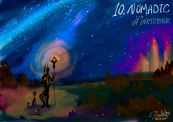 Size: 1600x1130 | Tagged: safe, artist:sunny way, oc, oc:alirfesta felastis, oc:sunny way, horse, ki'rinaes, original species, anthro, anthro horse, art, artwork, backpack, boots, digital art, duo, female, furry, inktober, inktober 2024, mare, night, nomadic, shoes, sketch, stars, town