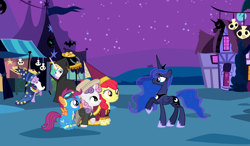 Size: 10040x5872 | Tagged: safe, artist:longplex, artist:uranus98, apple bloom, princess celestia, princess luna, scootaloo, sweetie belle, twilight sparkle, alicorn, earth pony, pegasus, unicorn, mlp fim's fourteenth anniversary, g4, cloak, clothes, costume, cutie mark crusaders, doctor who, female, filly, foal, horn, mare, nightmare night, nightmare night costume, outdoors, seventh doctor, uniform, wonderbolt scootaloo, wonderbolts uniform