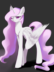 Size: 2112x2838 | Tagged: safe, artist:shu-jeantte, princess celestia, alicorn, pony, g4, dark background, female, gray background, lidded eyes, long legs, mare, one eye closed, pink-mane celestia, simple background, smiling, solo, tall