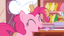 Size: 1920x1080 | Tagged: safe, screencap, pinkie pie, earth pony, pony, g4, my little pony: friendship is magic, season 5, the lost treasure of griffonstone, chef, chef's hat, eyes closed, female, hat, indoors, kitchen, mare, pillarboxing, solo, sugarcube corner