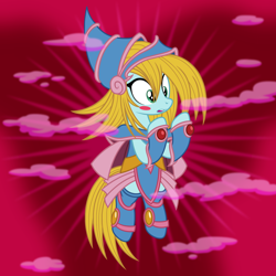 Size: 1900x1900 | Tagged: safe, artist:badumsquish, derpibooru exclusive, earth pony, pony, g4, abstract background, blush sticker, blushing, card, card game, ccg, clothes, cute, dark magician girl, female, floating, hooves, looking at hooves, mare, open mouth, ponified, smoke, solo, surprised, trading card, transformation, trap card, yu-gi-oh!, yugioh card