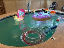 Size: 1280x960 | Tagged: safe, edit, editor:undeadponysoldier, photographer:undeadponysoldier, pinkie pie, rainbow dash, earth pony, pegasus, pony, g4, augmented reality, basketball, basketball hoop, beach ball, chair, duo, duo female, edited photo, female, floating, floaty, goggles, indoor swimming pool, indoors, inner tube, irl, opaque inflatable, photo, ponies in real life, ponybooru import, pool noodle, pool toy, snorkel, sports, straw, sunglasses, swimming pool, translucent inflatable, water, wet, wet mane