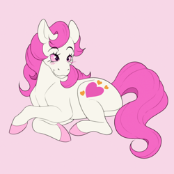 Size: 1500x1500 | Tagged: safe, artist:lildarkvixen, sweetheart, earth pony, pony, g1, my little pony tales, blush scribble, blushing, female, hooves, lying down, pink background, prone, simple background, smiling, solo, tail