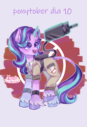 Size: 1984x2880 | Tagged: safe, artist:zackchibi, part of a set, starlight glimmer, classical unicorn, pony, unicorn, g4, cloven hooves, female, ghostbusters, glowing, glowing horn, high res, horn, leonine tail, levitation, magic, mare, ponytober, proton pack, simple background, solo, tail, telekinesis, unshorn fetlocks