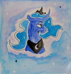 Size: 1800x1885 | Tagged: safe, artist:lildarkvixen, princess luna, alicorn, pony, g4, bust, female, horn, jewelry, mare, peytral, portrait, smiling, solo, sparkles, tiara, traditional art, watercolor painting